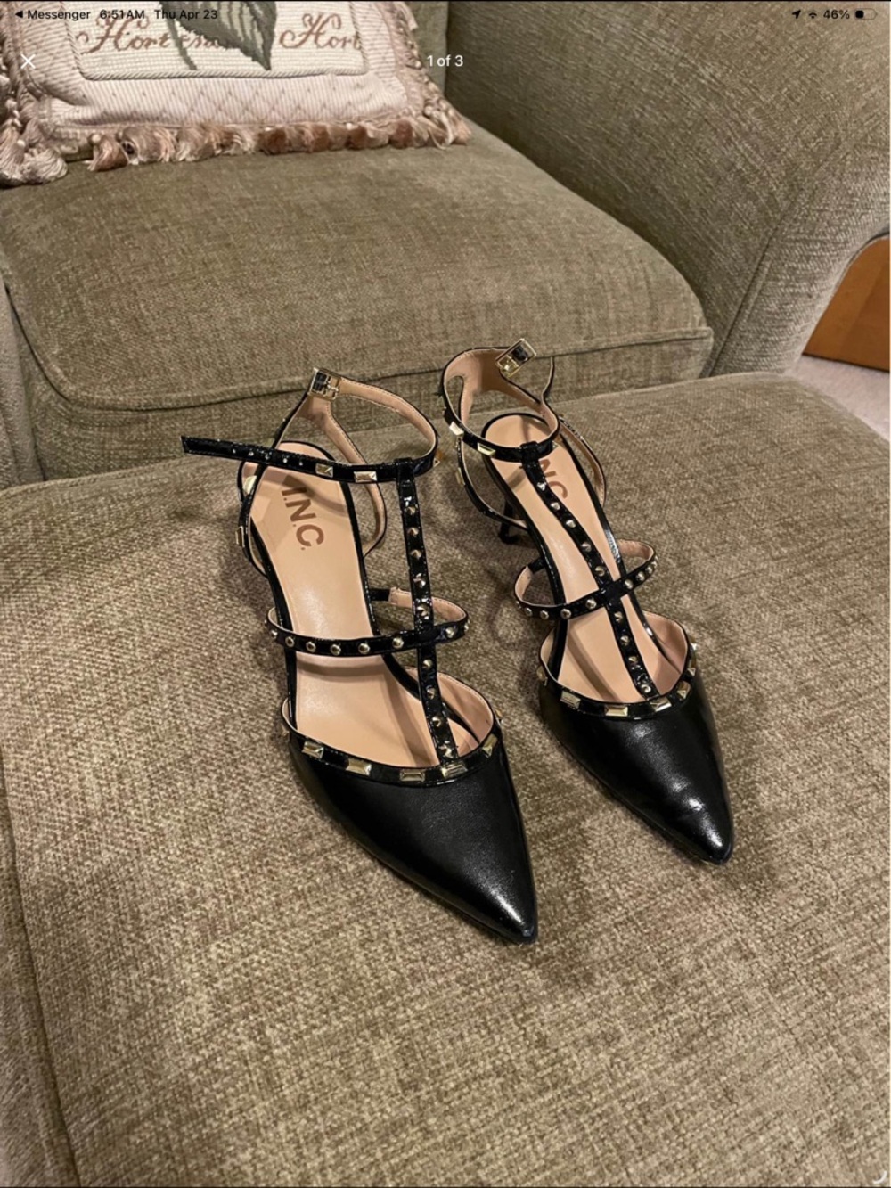 INC International Concepts Black Studded Pointed Toe T-Strap Heels